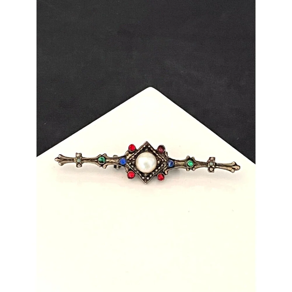 Vintage 1980s Bar Brooch Faux Pearl Rhinestone Gothic Revival - 1I